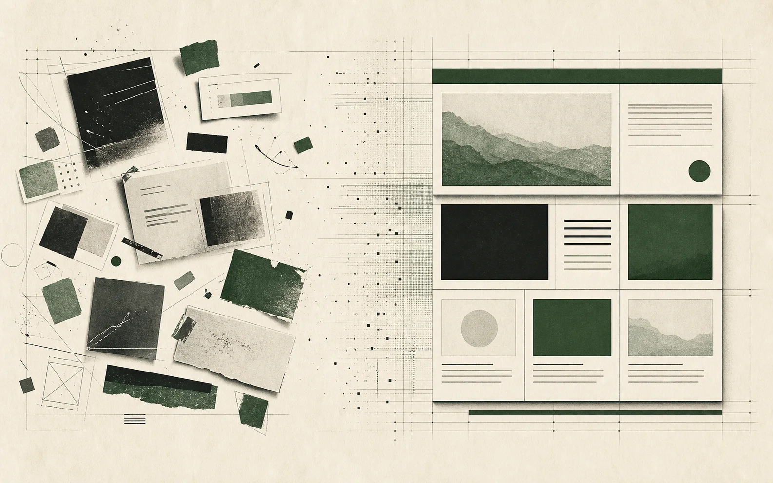 Editorial illustration showing scattered content fragments becoming a precise modular website system.